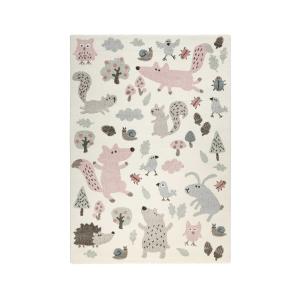 Tapis enfant motif animaux forêt écru rose 120x170