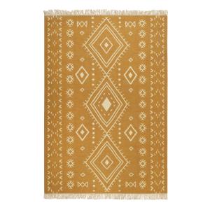Tapis ethnique tissé main laine et coton camel jaune 200x29…