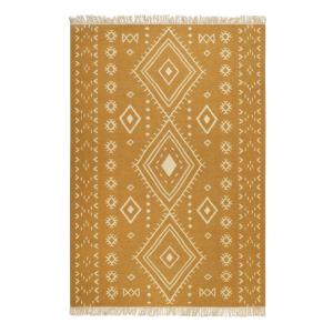 Tapis ethnique tissé main laine et coton camel jaune 80x150