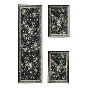 Tapis floral tissé plat noir 70x400 cm