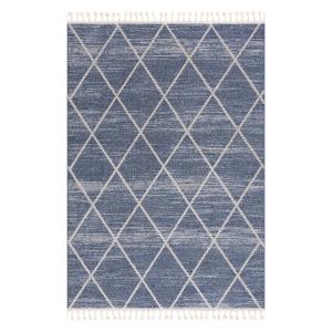 Tapis géométrique à franges tressées bleu et crème 120x170c…