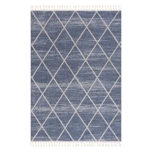 Tapis géométrique à franges tressées bleu et crème 160x230c…