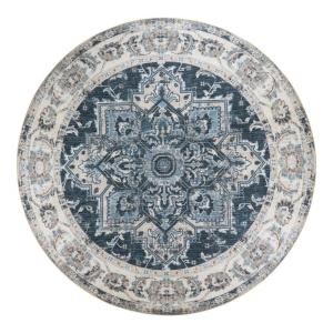 Tapis rond 2 mètres style ethnique tissu bleu 200x200x1cm