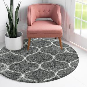 Tapis rond à poils longs et motifs alhambra gris 200x200cm