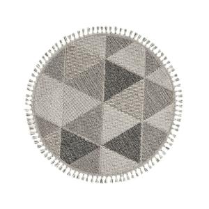 Tapis rond gris à motifs triangles gris et franges - 120 cm