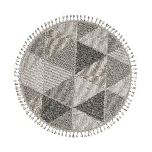 Tapis rond gris à motifs triangles gris et franges - 160 cm