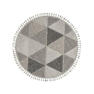 Tapis rond gris à motifs triangles gris et franges - 80 cm