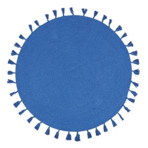 Tapis rond tissé bleu à fil lurex et pompons