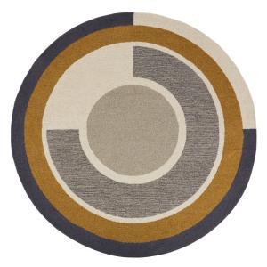 Tapis rond tissé en laine et coton recyclé ocre, gris et bl…