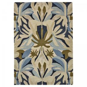 Tapis salon tufté main en laine naturel motif floral, bleu…