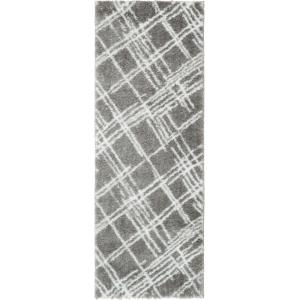 Tapis shaggy abstrait motif géométrique gris - 80x150 cm