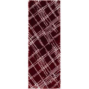 Tapis shaggy abstrait motif géométrique rouge - 67x180 cm