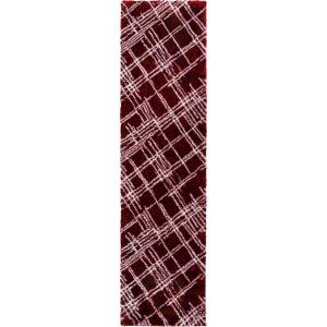Tapis shaggy abstrait motif géométrique rouge - 80x300 cm