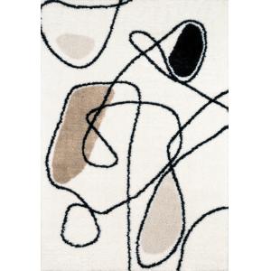 Tapis shaggy moderne abstrait beige, noir et ivoire - 200x2…