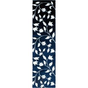 Tapis shaggy motif fleur bleu - 80x300 cm