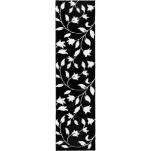 Tapis shaggy motif fleur noir - 80x300 cm