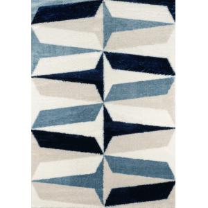 Tapis shaggy motif graphique beige, bleu et ivoire - 80x150…