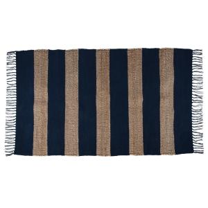 Tapis tissé à rayures bleu et beige et franges 90x150
