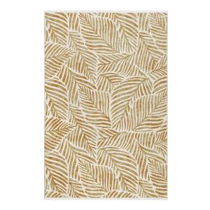 Tapis tissé plat thème feuillage doré fond beige à franges…