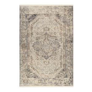 Tapis vintage bohème à poils ras et franges gris bleu beige…