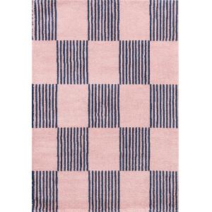 Tapis vintage style année 70 damier rayures Bleu - 80x140