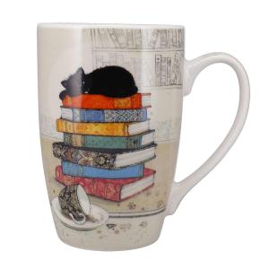 Tasse XL en porcelaine chaton sur pile de livres 490 ml