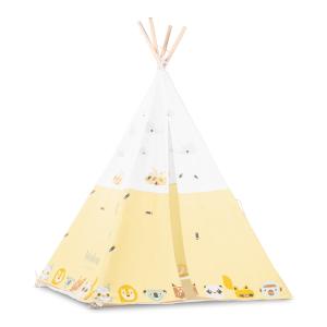 Tente tipi pour enfants en bois naturel et coton jaune
