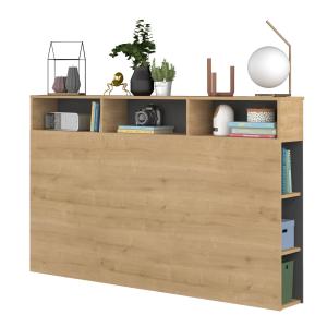 Tête de lit effet bois avec niches de rangement, chêne et g…