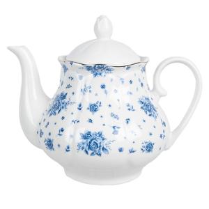 Théière en porcelaine blanche motif fleuri bleu 1L