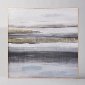 Toile abstraite peinte blanche, bleue et dorée 112x112