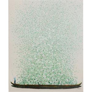 Toile beige pirogue fleurs vertes 80x100