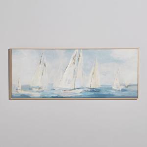 Toile peinte bateaux blanche, bleue et dorée 142x57