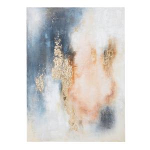 Toile peinte bleue, rose, dorée et blanche 110x150