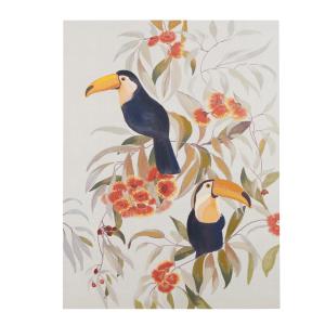 Toile toucans et fleurs imprimée et peinte multicolore 90x1…