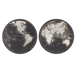 Toiles rondes imprimé mappemonde noire et beige D78 (x2)