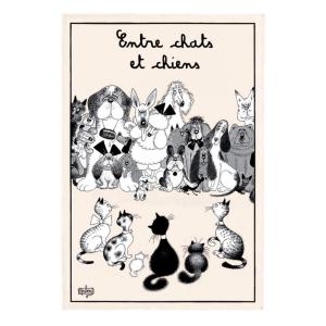 Torchon  Entre Chats et Chiens en coton ecru 48 x 72 cm