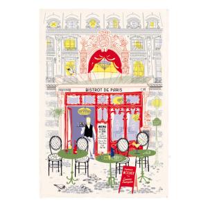 Torchon Imprimé Façade bistrot en coton ecru 48 x 72 cm