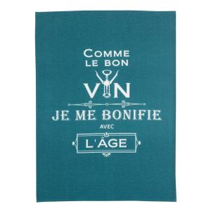 Torchon Message Comme le bon vin en coton paon 50 x 70 cm