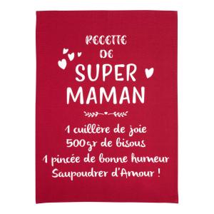 Torchon Message Super Maman en coton rouge 50 x 70 cm