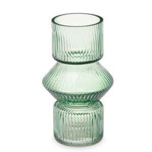 Vase design en verre strié vert 10.5x10.5x17.5cm