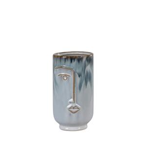 Vase en céramique avec visage H17cm - Gris bleuté