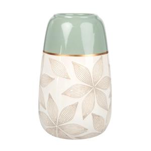 Vase en céramique écrue et vert amande motif floral gravé H…