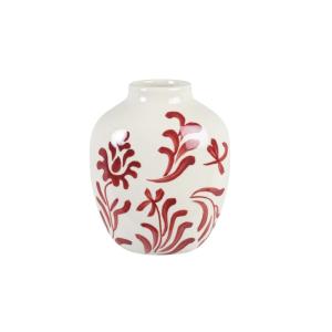 Vase en grès blanc motif végétal rouge H12