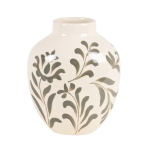 Vase en grès blanc motif végétal vert H22