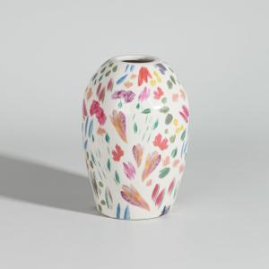 Vase en grès motif floral vert, jaune et rose, H18 cm