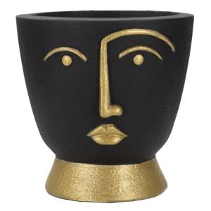 Vase en résine noire et tête tribale dorée Ø 25x25 cm