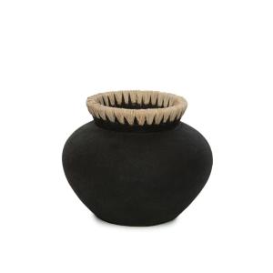 Vase en terre cuite et raphia noir naturel 25x25x19 cm