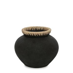 Vase en terre cuite et raphia noir naturel 29x29x23 cm