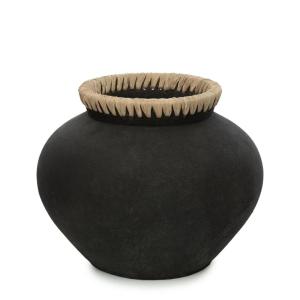 Vase en terre cuite et raphia noir naturel 33x33x27 cm