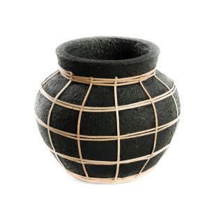 Vase en terre cuite et rotin noir naturel 25x25x19 cm